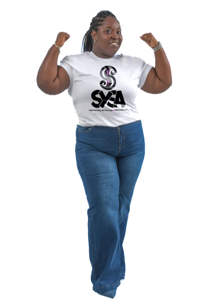 Chantel Entingh-Vyent smiling, arms raised in a strong pose