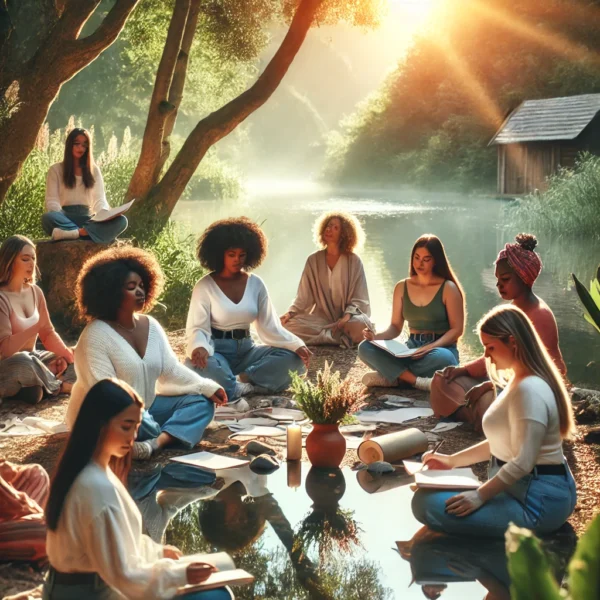 Illustration of women relaxing together in nature